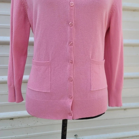 George Cardigan Sweater Ladies M 8/10 Pink Rayon Nylon Buttons 3/4 Sleeve Pocket - Picture 5 of 9